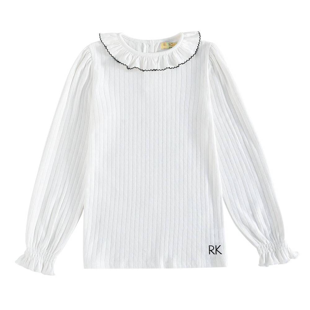 NEW RETROKID girls pointelle collared long sleeve t-shirt in white/ light blue
